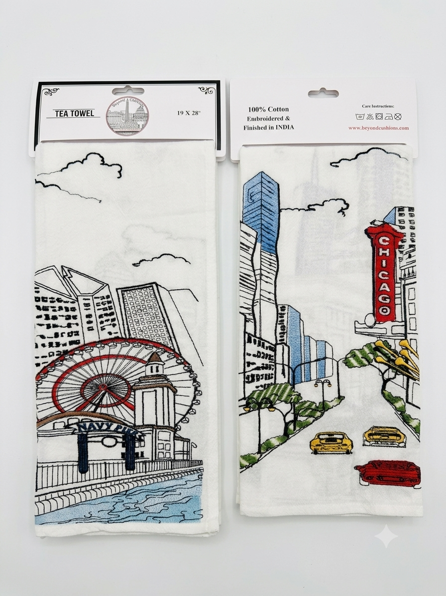 Embroidered Chicago Artistry Flour Sack Tea Towel Set