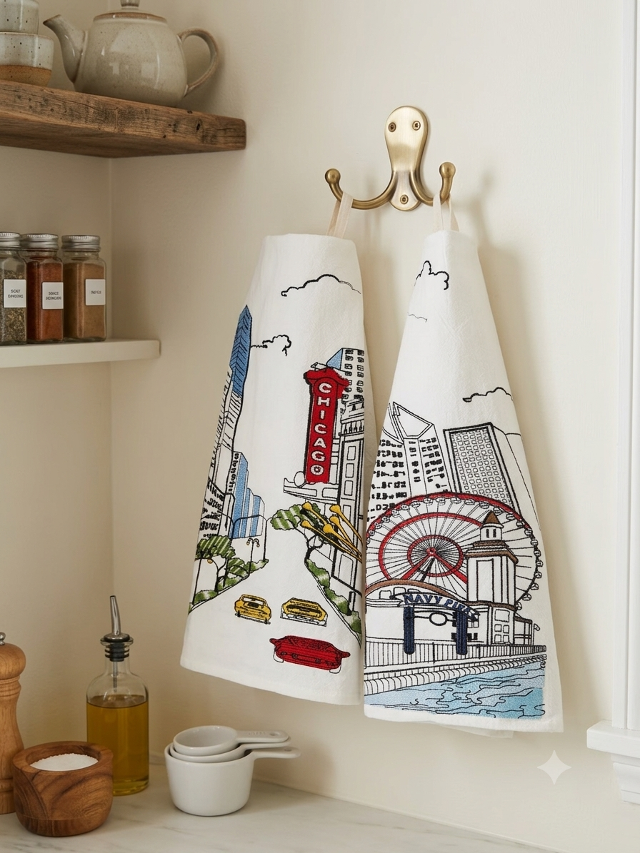Embroidered Chicago Artistry Flour Sack Tea Towel Set