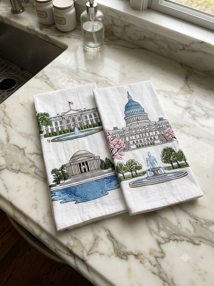 Embroidered Washington DC Artistry Flour Sack Tea Towel Set
