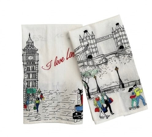 Embroidered London Artistry Flour Sack Tea Towel Set