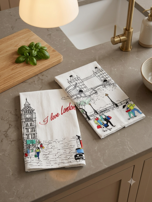 Embroidered London Artistry Flour Sack Tea Towel Set