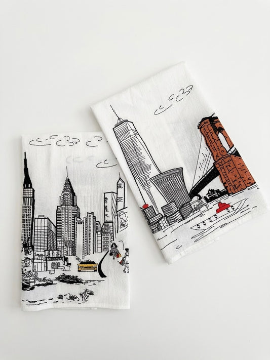 Embroidered New York City Artistry Flour Sack Tea Towel Set