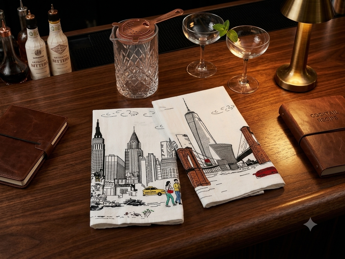 Embroidered New York City Artistry Flour Sack Tea Towel Set