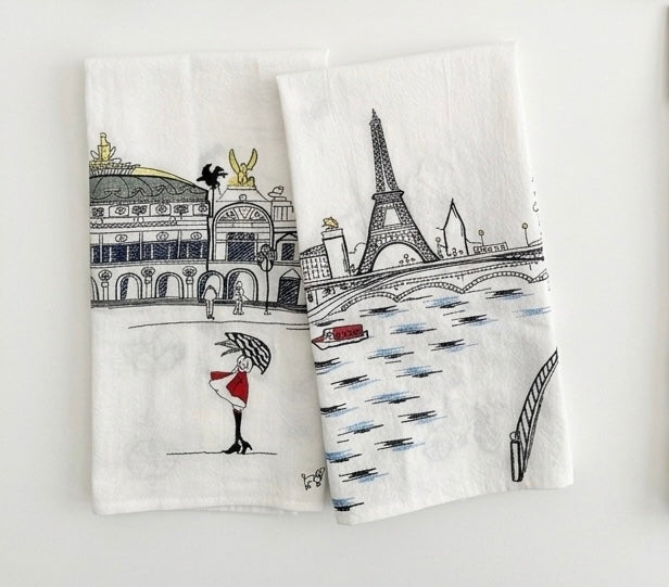Embroidered Paris Artistry Flour Sack Tea Towel Set