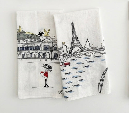 Embroidered Paris Artistry Flour Sack Tea Towel Set
