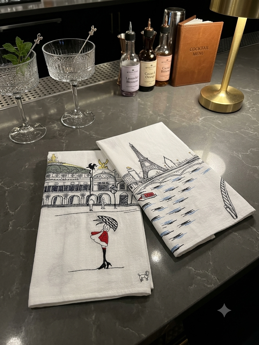 Embroidered Paris Artistry Flour Sack Tea Towel Set