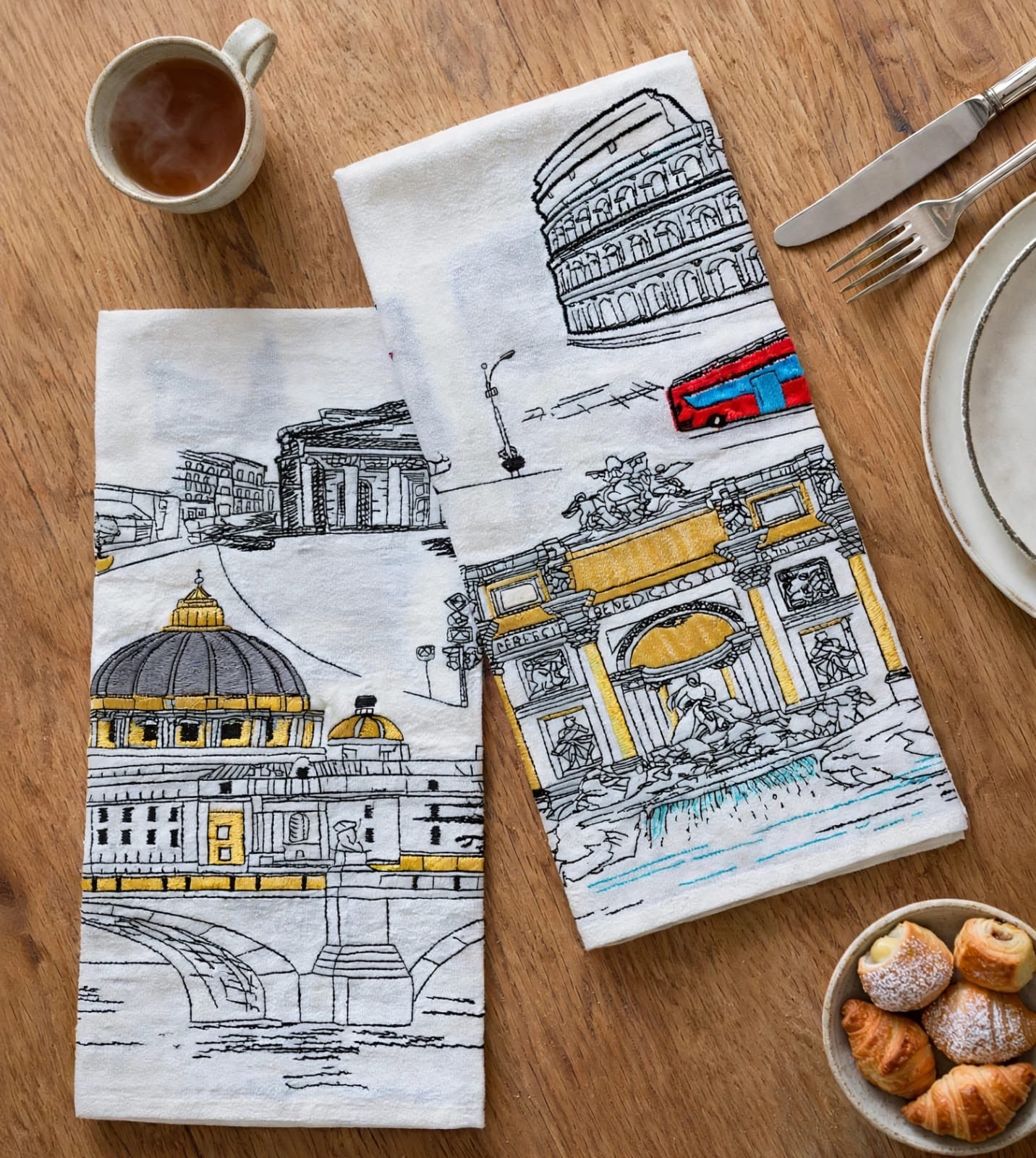 Embroidered Rome Artistry Flour Sack Tea Towel Set