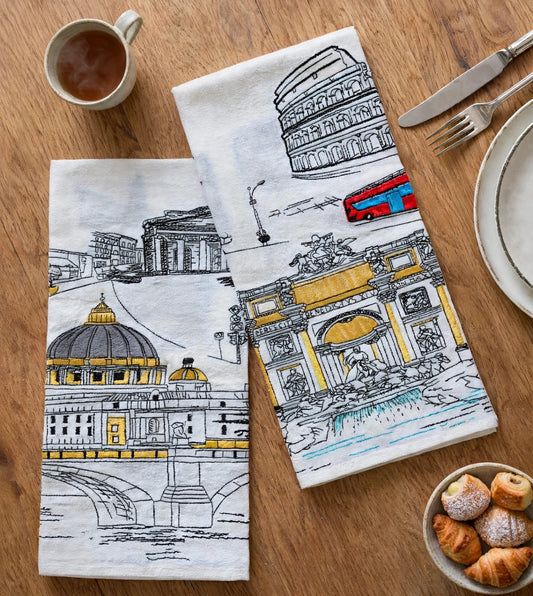 Embroidered Rome Artistry Flour Sack Tea Towel Set